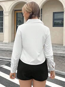 SHEIN Teen Girl Solid Ruched Button Front Shirt - White - View 2