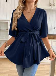 SHEIN V领荷叶边孕妇上衣（配腰带） - 藏蓝色 - 查看 5