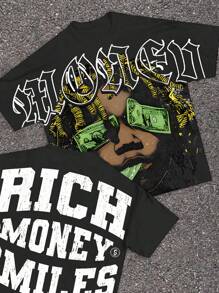 SHEIN 青少年男孩休闲时尚酷炫经典帅气金钱大亨肖像图案，时尚“RICH MONEY SMILES”文字印花短袖圆领 T 恤，适合夏季 - 彩色 - 查看 5