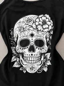 Summer Gothic Style Skull Rose Graphic Print Women Camisole Tank Top, 3 PiecesSummer Women Sets