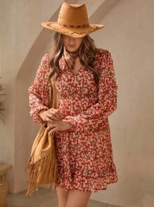 Wildy Romantic Countryside Ditsy Floral Long Sleeve Ruffle Hem Short Dress - Brown - View 3