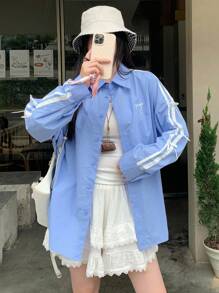 DAZY Women's Contrast Color Ribbon Bow Print Loose Casual Blouse Fall Tops Long Sleeve Top - Blue - View 5