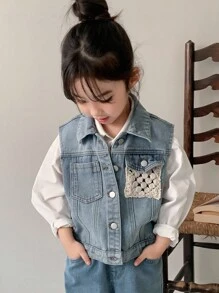 Dazy Kids Young Girls Lace Patchwork Casual Loose Denim Vest