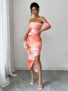 Selianne 女士优雅露肩扎染开衩修身连衣裙，秋季长款女装 - 橘色 - 查看 3
