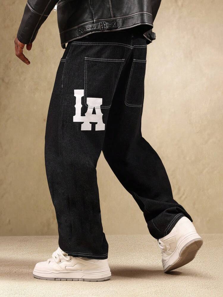 Wide Leg Balloon Fit Denim Jeans With Logo Print