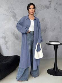 SHEIN LUNE Long Textured Casual Office Shirt Fall Cloth For Women - Dusty Blue - View 4