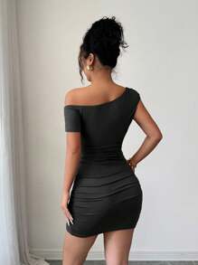 INAWLY Women's Elegant Sexy Asymmetrical Neck Metal Buckle Ruched Mini Dress, Suitable For Vacation, Date, And Commute - Black - View 4