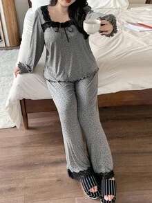 Dazy Plus 2pcs Plus Size Women Polka Dot Splice Flare Sleeve Top And Loose Pants Pajama Set, Loungewear, Fall Winter Clothes - Grey - View 5