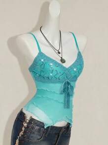 SHEIN ICON 女式性感辣妹千禧风格 Y2K 前卫时尚亮片拼接网眼蕾丝系带 V 领不对称多层下摆修身湖蓝色吊带上衣，性感上衣 - 綠色 - 查看 7