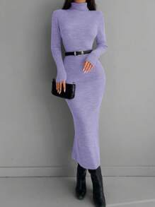 EURMUSE Solid Color High Neck Bodycon Sweater Dress - Purple - View 3