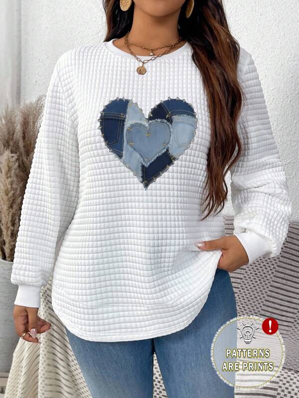 EMERY ROSE Sudadera de cuello redondo de punto waffle de manga larga con estampado gráfico de corazón azul, talla grande, versátil para vacaciones, minimalista, festival de música, vuelta al colegio, casual y linda, adecuada para la temporada de transición del inicio del otoño
