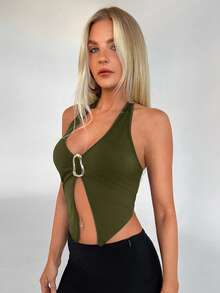 Aloruh 女式纯色金属装饰开衩下摆性感露背吊带背心 - 軍綠色 - 查看 5