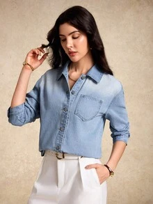 House of One 女士浅色水洗休闲长袖宽松牛仔衬衫上衣春秋季度假牛仔衬衫女式牛仔衬衫女式牛仔衬衫 - 淺色水洗藍 - 查看 4