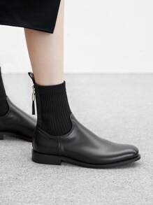 CUCCOO BIZCHIC 时尚英伦风女式后拉链靴，黑色针织弹力圆头平底厚底踝靴，圣诞节必备