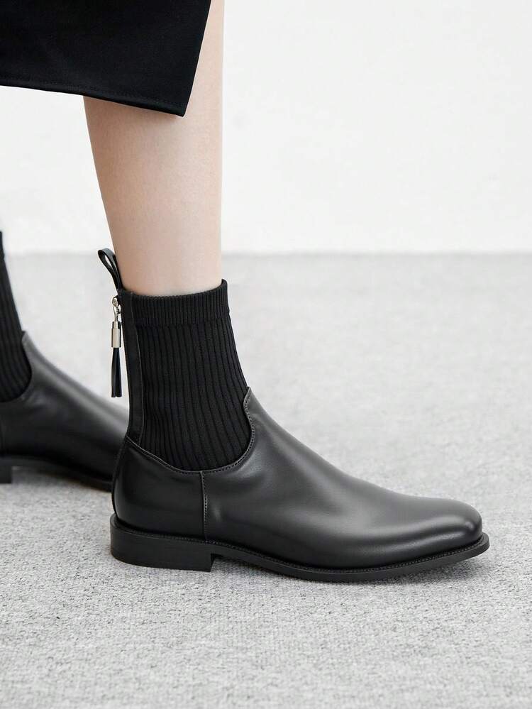 CUCCOO BIZCHIC Fashion British Women's Boots With Back Zipper, Black Knitted Elastic Round Toe Flat Thick Bottom Ankle Bootie For Christmas Spring Shoes