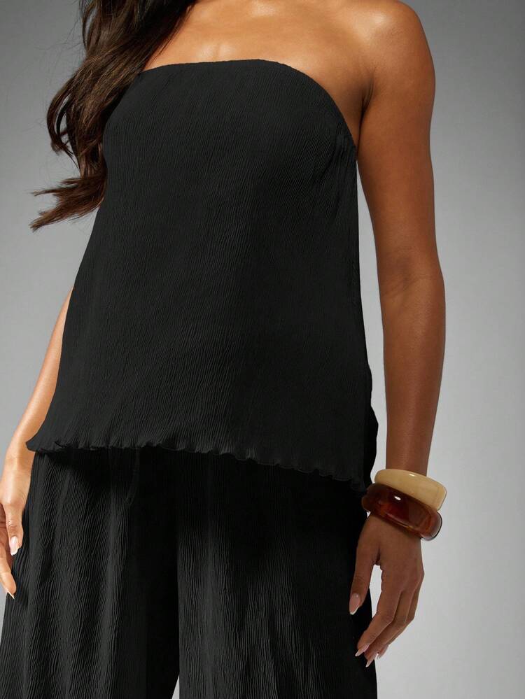 MISSGUIDED Plisse Bandeau Top With Wide Leg Palazzo Pants