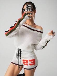 SHEIN ICON 1 Bộ trang phục thể thao thường ngày gồm áo len hở vai ôm sát và quần short siêu ngắn - Màu be - Xem 1