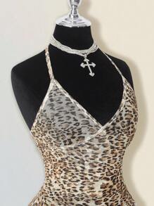 SHEIN ICON Vestido corto de mujer con tirantes finos y abertura, con estampado de leopardo