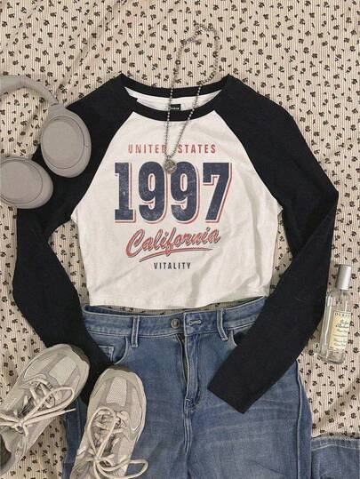 SHEIN Tween Girl Casual Retro 1997 Print Black & White Patchwork Cropped Fitted Crew Neck Raglan Sleeve Pullover T-Shirt, Spring Autumn Winter 90s Kids Vintage Girls 90s Fall