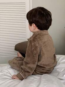 DAZY Pyjama en flanelle de couleur unie confortable à manches longues pour bébés garçons, doublure thermique pour automne/hiver, pour tout-petits - Marron - Voir 2