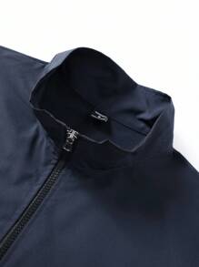 Manfinity ZONE917 男士长袖休闲撞色拼接立领夹克，秋季户外防风外套 - 藍色 - 查看 3