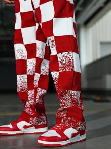 Manfinity EMRG Casual Straight-Leg Men's Pants With Contrasting Plaid Pattern, Red Checkered Pants, Men Graphic Pants, Streetwear Pants, Red And White Checkered Pants, 2000s Style, Fall - Red - View 5