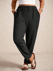 Elaquor 大码女式纯色腰带口袋锥形休闲裤 - 黑色 - 查看 3