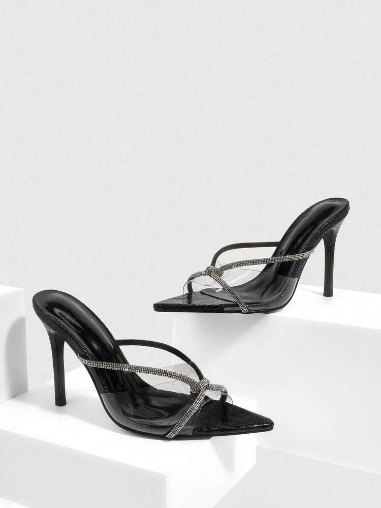 CUCCOO SZL 10cm Pointed Toe Sexy High Heel Sandals With White Rhinestone Criss-Cross Design