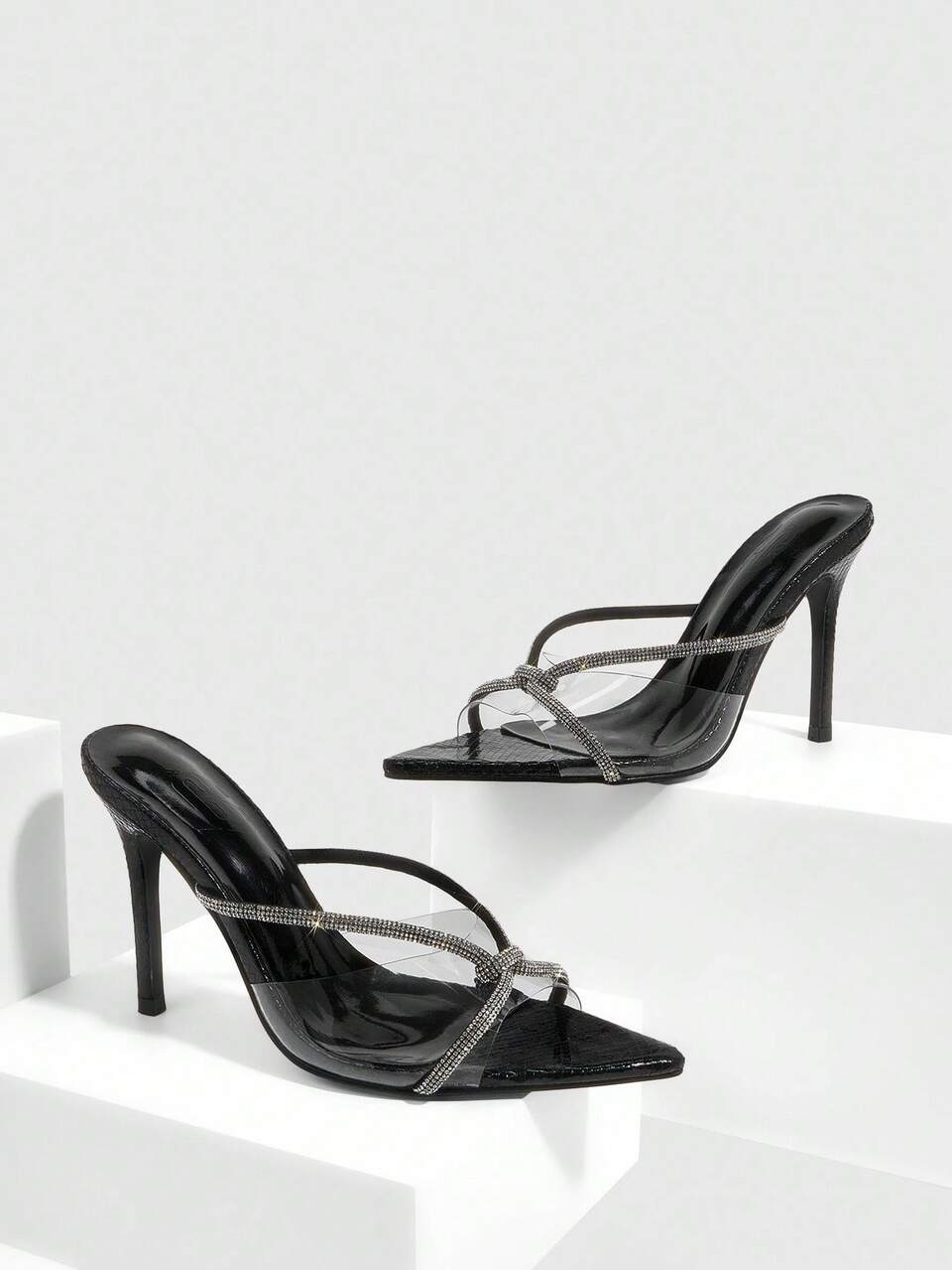 CUCCOO SZL 10cm Pointed Toe Sexy High Heel Sandals With White Rhinestone Criss-Cross Design