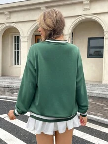 SHEIN Teen Girl's Back To School Green Slogan Print Contrast Ribbed Collar Loose Casual Solid Color Sweatshirt,In Fall/Winter - Green - View 2