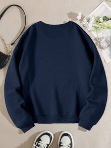 EMERY ROSE Plus Size Women Letter Print Long Sleeve Casual Fleece Crew Neck Sweatshirt Fall Cloth For Women Winter Autumn - Navy Blue - View 2