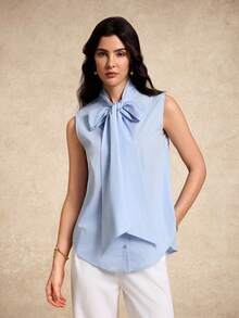 House of One Tie Front Cotton Blend Woven Sleeves Button-Up Shirt Top Women Casual Spring Summer Wear Baby Blue Top Women Bow Top Women Light Blue Top Women Sleeveless Top Blue And White Women
