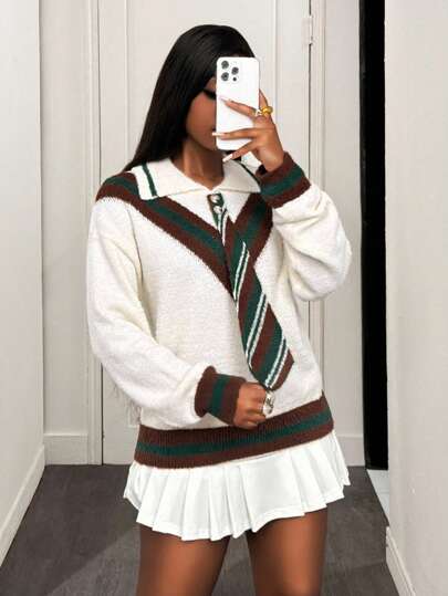 BamGleam Women's Long Sleeve Polo Sweater, Fuzzy Turtleneck With Button Closure, Contrast Trim, Casual Street Style Pullover With Embroidered Pattern And Tie Decor Knit Pullover Fall Winter Back To School Fashion Men's Like