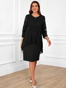 Miaspire Plus Size Women's Round Neck Long Sleeve Lace Stitching Curved Hem Double Layer Elegant Party Red New Years Dress,Winter Clothes For Women,Valentine Day