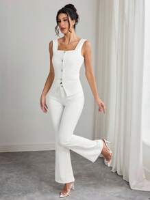 Elenzga 女士方领单排扣背心和喇叭牛仔裤套装 - 白色 - 查看 6