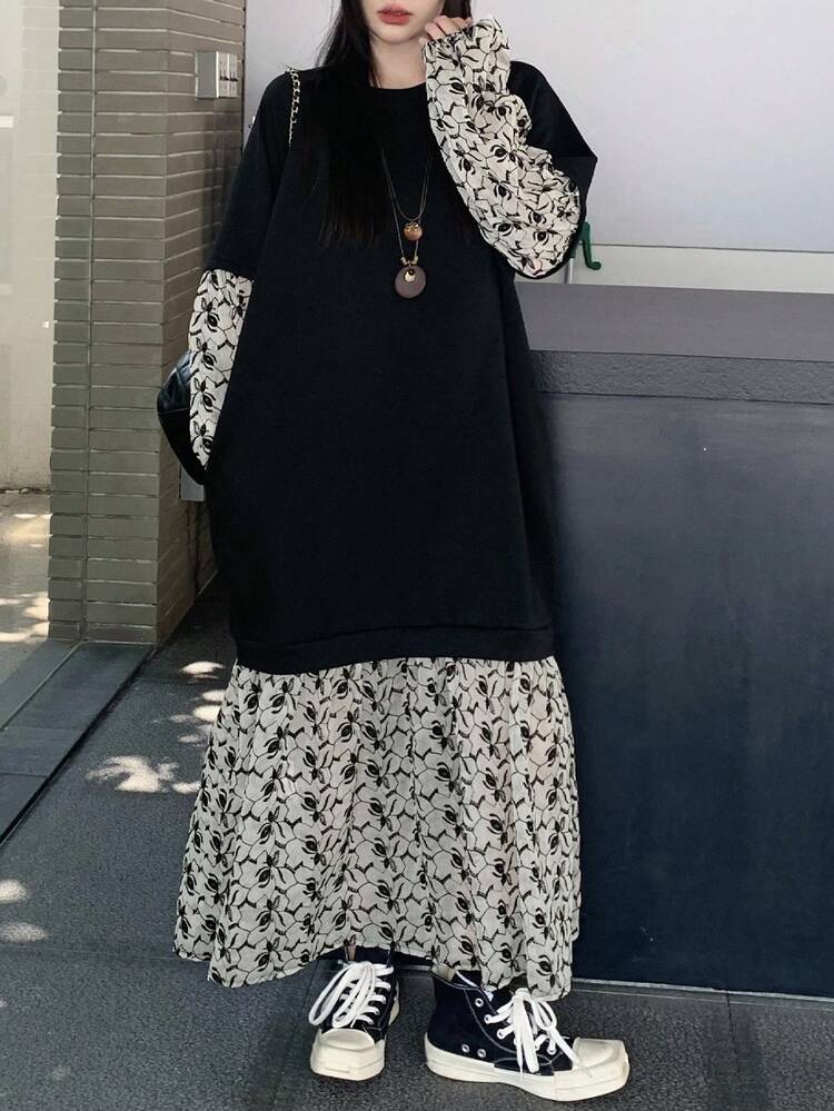 Women's Round Neck Long Sleeve 2 In 1 Patchwork Casual Elegant Dress Maxi Dress