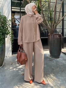 DAZY 两件套女士休闲宽松衬衫和阔腿裤套装，款式端庄时尚 - 杏色 - 查看 4