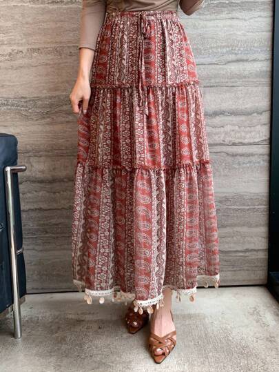 DAZY Women's Casual Vacation Cashew Flower Print Skirt Boho