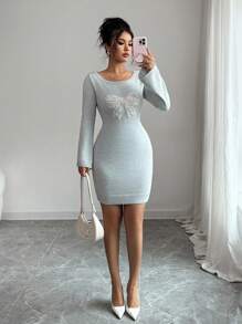 Elenzga Elegant Bow Sequin Decor Fitted Knit Dress Fall Winter Cloth For Women - Grey - View 3