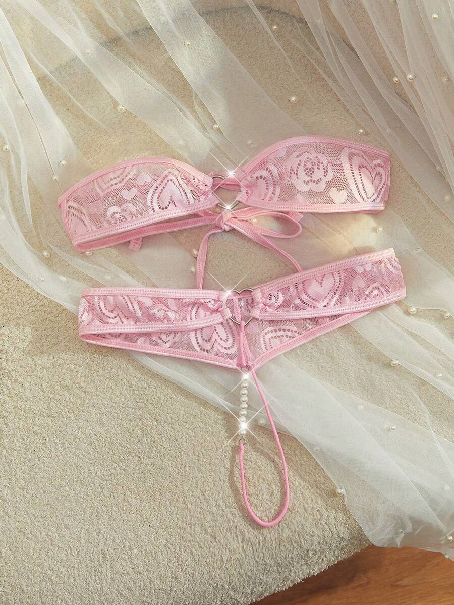 SpicyHot 女士蕾丝透视露背系带性感内衣套装，外出穿着 - 粉色 - 查看 1