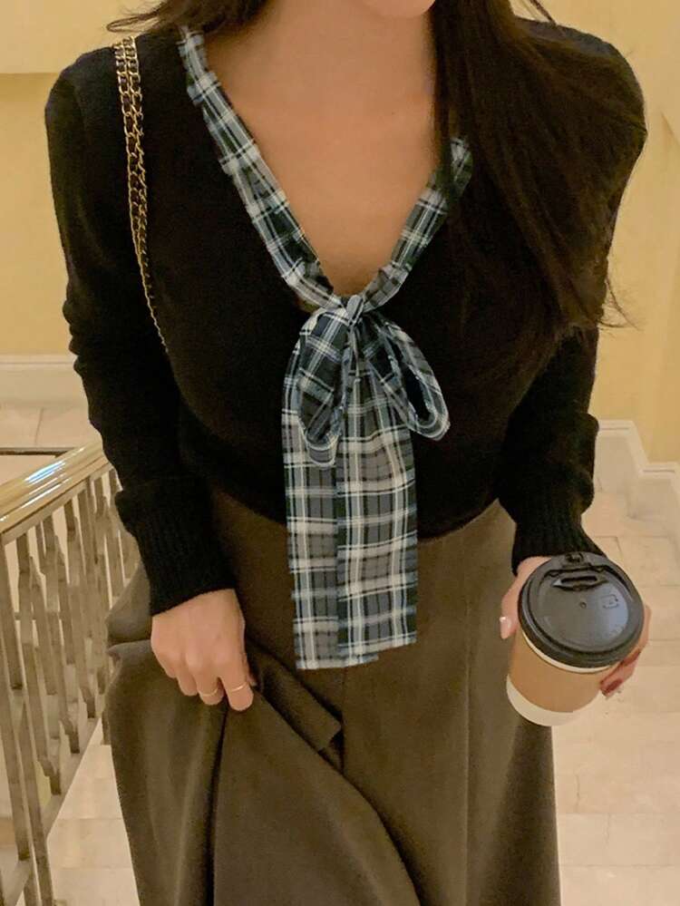French Retro Elegant Bow V-Neck Short Knit Sweater Fall Plaid