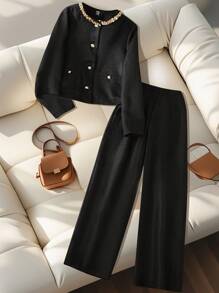 GlowEve 女士编织的优雅时尚秋季度假风两件套 - 黑色 - 查看 3