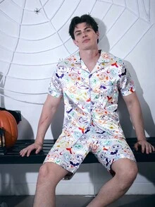 CoupledUp 卡通万圣节元素印花仿丝男士睡衣套装 - 白色 - 查看 6