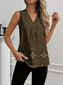 Glamance BiGraphic Women's Contrast Color Print V-Neck Sleeveless Blouse - Black and Gold - View 1