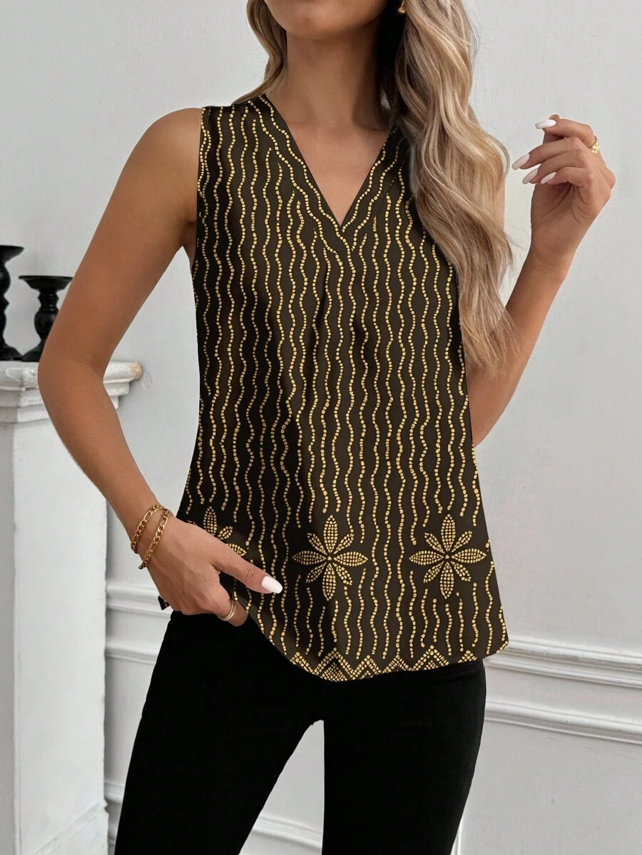 Glamance BiGraphic Women's Contrast Color Print V-Neck Sleeveless Blouse - Black and Gold - View 1