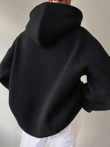 Chillumni 男士休闲简约半开超大连帽宽松休闲拼色螺纹小印花连帽衫，落肩连帽衫，图案连帽衫，男士图案连帽衫，男友礼物，男士图案连帽衫超大运动衫男士男士超大街头潮流运动衫超大连帽衫 - 黑色 - 查看 2