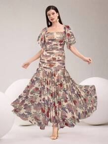 Modelyn Women's Floral Print Square Neck Ruffle Short Sleeve Dress - Apricot - View 1