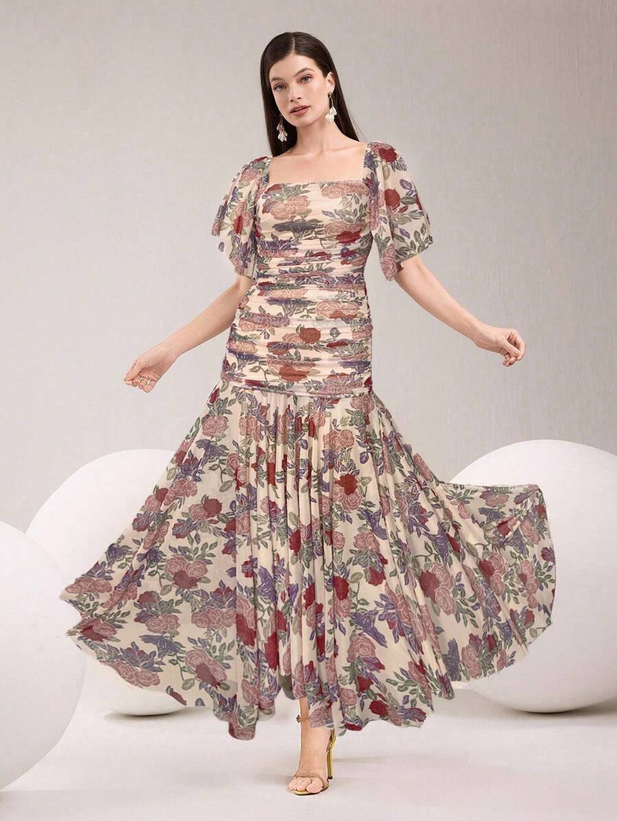 Modelyn Women's Floral Print Square Neck Ruffle Short Sleeve Dress - Apricot - View 1