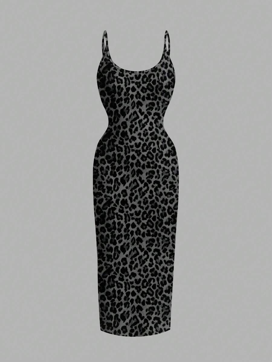 SHEIN EZwear Casual Minimalist Full-Length Leopard Print Bodycon Slip Dress, Suitable For Summer Chic Dress - Multicolor - View 1