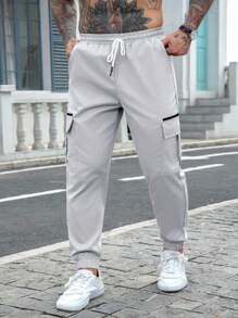 Manfinity Homme 男士成熟街头弹力腰带工装裤男士工装裤灰色工装裤男士男士裤子休闲工装慢跑裤男士灰色慢跑裤，秋季 - 淺灰色 - 查看 5